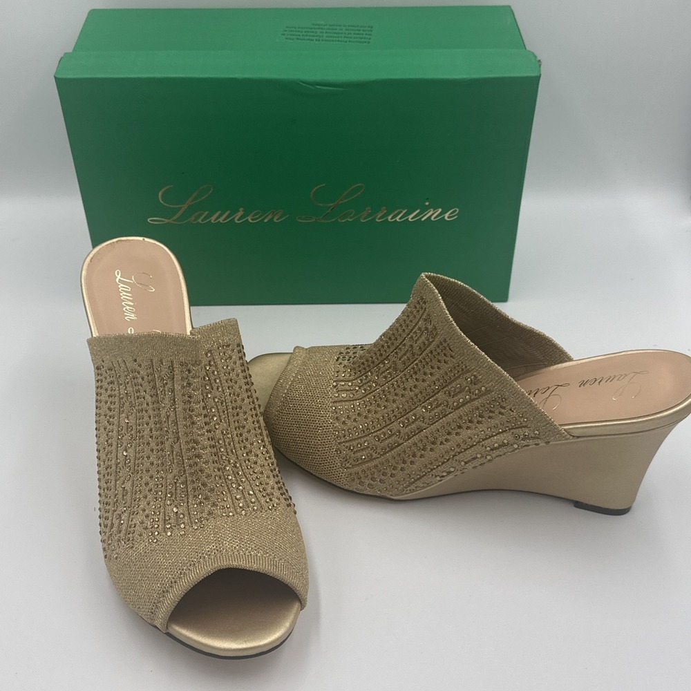 Lauren Lorraine‎ Martha Women's Wedge Sandal Gold Glitter Rhinestones Size 11